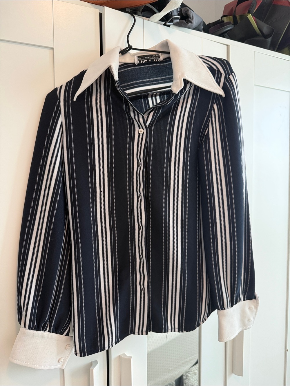 Striped Navy and White Button-Up Blouse - Classic Collared Women's Top
